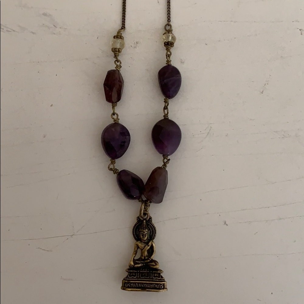 Buddha Clasp Necklace w Purple Accent Beads Lucky